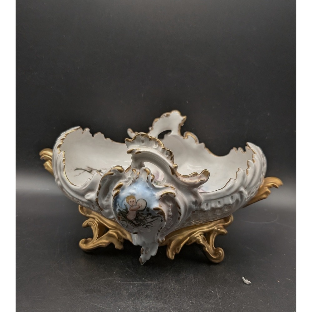 Vintage Hand Painted Floral Porcelain Centerpiece Bowl Gold Gilt Cherub Footed